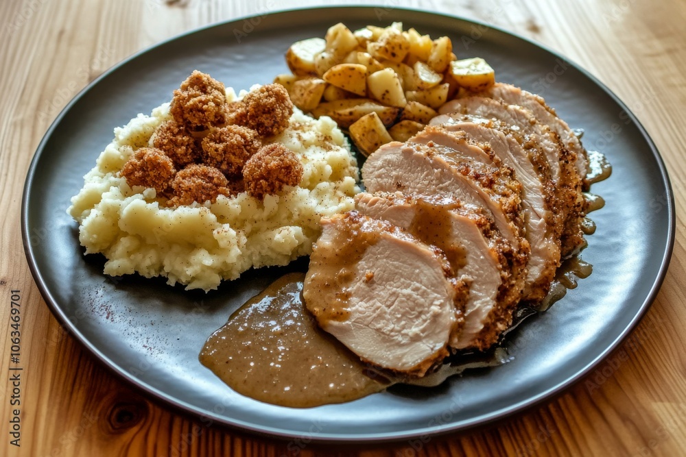 Thanksgiving Turkey Meal: Sliced turkey roast with gravy sauce. Served on a dark plate with, stuffing, mashed potatoes dashed with seasoning, and cranberry sauce. Dinner.
Thanksgiving Turkey Meal: Sliced turkey roast with gravy sauce. Served on a dark plate with, stuffing, mashed potatoes dashed with seasoning, and cranberry sauce. Dinner.