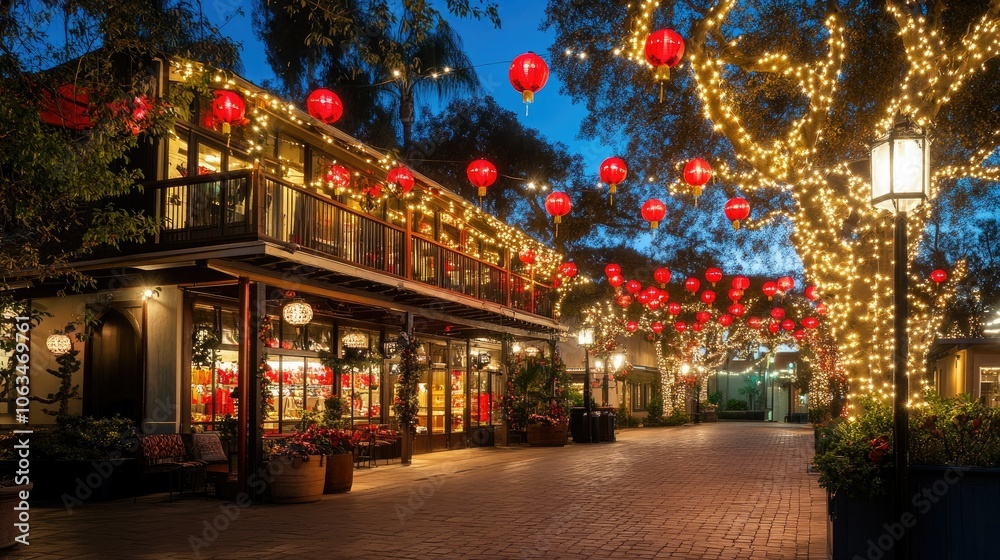 Festive Decor with Lanterns and Lights at Evening Twilight Festive Decor with Lanterns and Lights at Evening Twilight