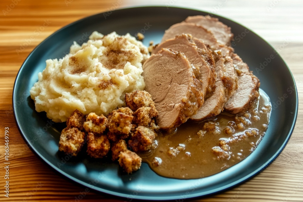 Thanksgiving Turkey Meal: Sliced turkey roast with gravy sauce. Served on a dark plate with, stuffing, mashed potatoes dashed with seasoning, and cranberry sauce. Dinner.
Thanksgiving Turkey Meal: Sliced turkey roast with gravy sauce. Served on a dark plate with, stuffing, mashed potatoes dashed with seasoning, and cranberry sauce. Dinner.