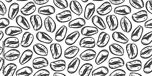 Coffee beans pattern background. Coffee beans wallpaper. Coffee beans illustration ideal for packaging. Pattern background with coffee beans. 