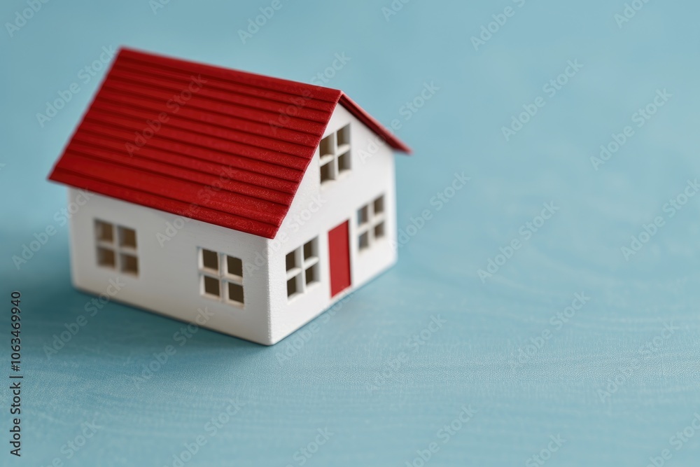 White House Model with Red Roof on Blue Background.