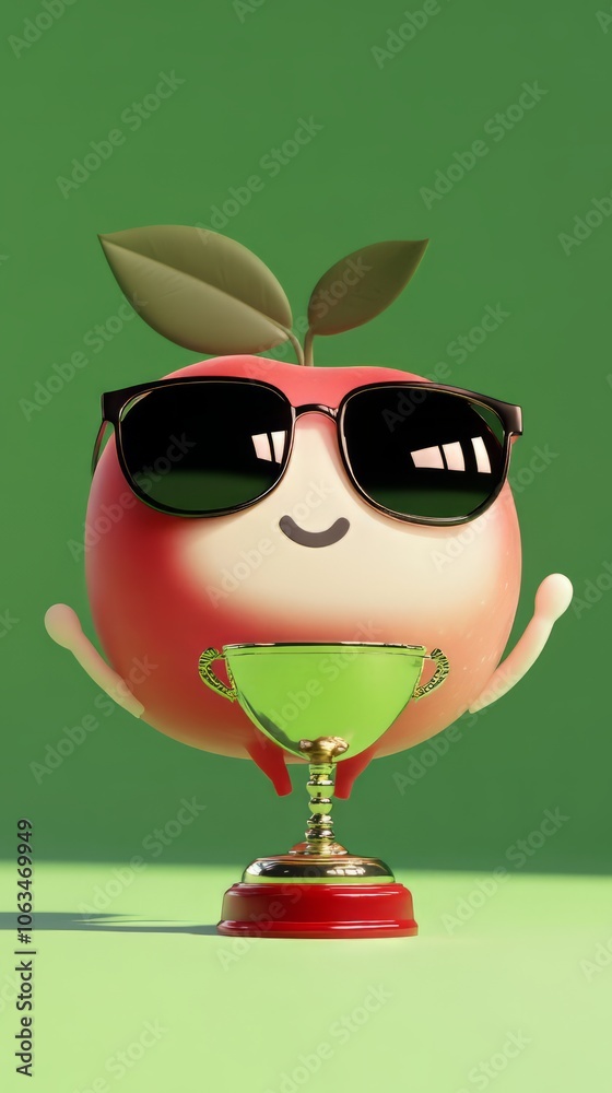 Fototapeta premium cute chibbi 3d blender apple character wearing gangster meme sunglasses holding a champion trophy 