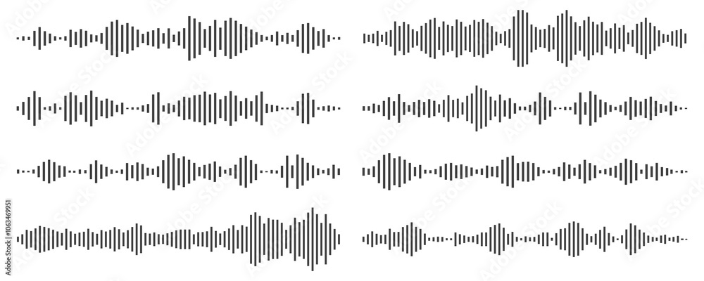 Sound wave or voice message waveform. Podcast, media record, radio signal. Decibel audio record icon isolated on white background. Equalizer line Sound wave or voice message waveform. Podcast, media record, radio signal. Decibel audio record icon isolated on white background. Equalizer line