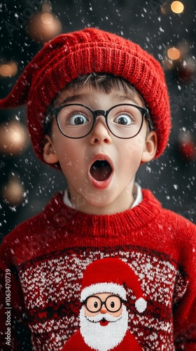 Surprised child in red knit hat and Christmas sweater with Santa design, mouth agape in wonder as snow falls, creating a magical holiday moment.