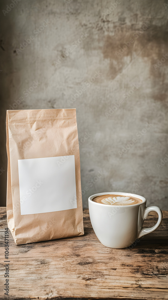 A minimalist coffee pack stands next to a stylish cup of coffee on a rustic wooden table with a textured gray background A minimalist coffee pack stands next to a stylish cup of coffee on a rustic wooden table with a textured gray background