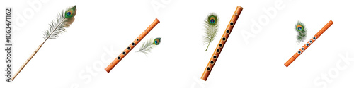 A watercolor illustration depicting a peacock feather and a flute on Krishna Janmashtami. photo