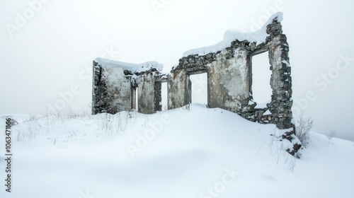 Snow-Covered Ruin of an Old Building with Half-Buried Walls