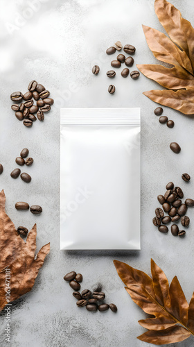 Minimalist photography features a coffee pack surrounded by coffee beans and dried leaves on a textured surface, creating an aesthetic appeal photo