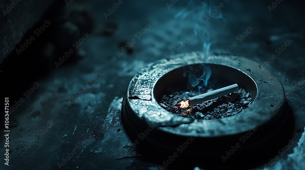 A Smoldering Cigarette in a Metal Ashtray A Smoldering Cigarette in a Metal Ashtray