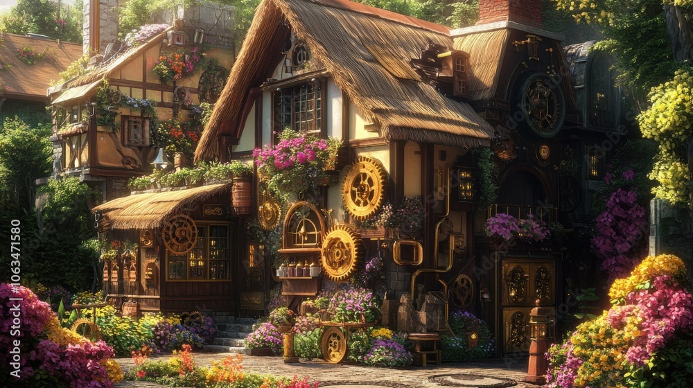 Naklejka premium A colorful steampunk house with a thatched roof