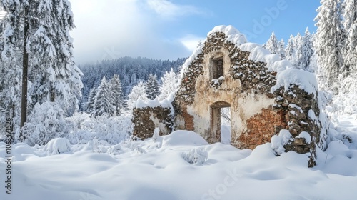 Snow-Covered Ruin of an Old Building with Walls Half-Buried in Snow photo