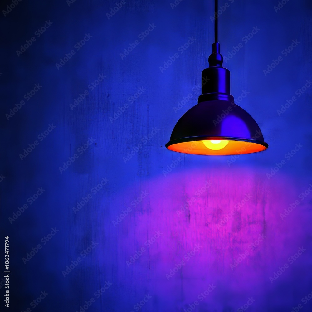 Obraz premium A modern pendant light casts a warm glow against a textured blue wall.