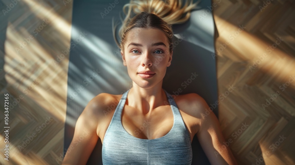 A fit young woman is lying on an exercise mat in workout attire, illuminated by natural sunlight. She appears focused and relaxed, showcasing a healthy lifestyle. A fit young woman is lying on an exercise mat in workout attire, illuminated by natural sunlight. She appears focused and relaxed, showcasing a healthy lifestyle.