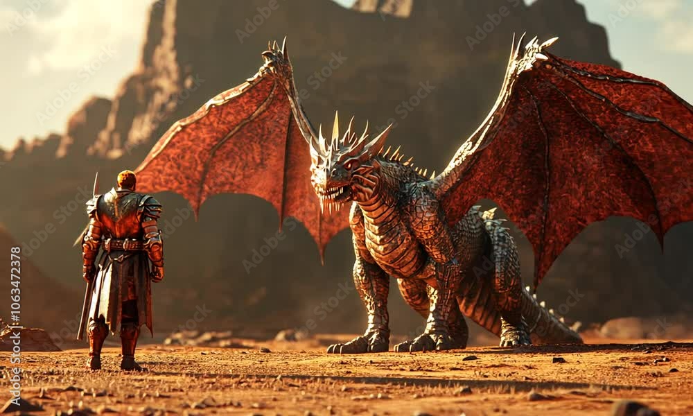 A lone knight confronts a massive dragon in a desolate desert landscape