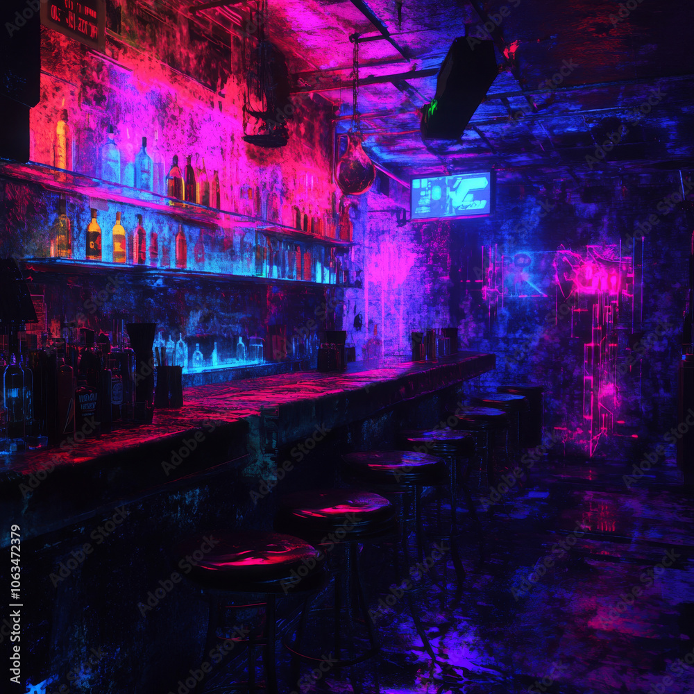 Step into a neon cyberpunk bar where digital decay meets glitchy textures, creating an immersive atmosphere of futuristic nightlife. Step into a neon cyberpunk bar where digital decay meets glitchy textures, creating an immersive atmosphere of futuristic nightlife.