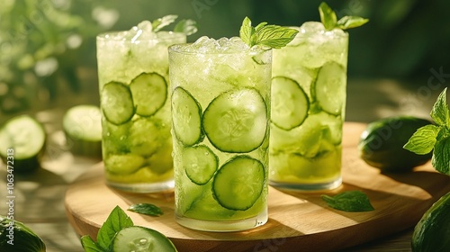 Refreshing Iced Cucumber Drink in Glasses
