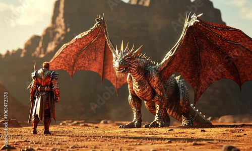 A lone knight confronts a massive dragon in a desolate desert landscape