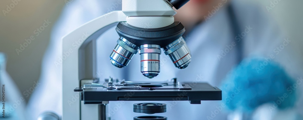 A close-up view of a microscope in a laboratory, highlighting its lenses and stage, with a blurred background indicating research activity.