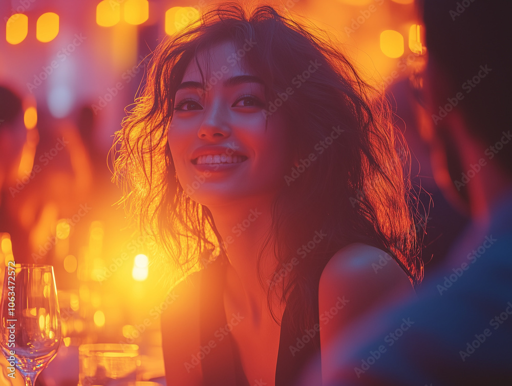 Naklejka premium Smiling woman illuminated by purple and yellow lighting, creating a vibrant, colorful atmosphere. Perfect for themes of joy, creativity, and dynamic lighting effects in portrait photography.