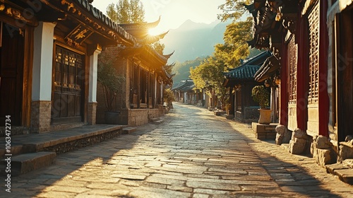 Serene Pathway in Traditional Neighborhood at Sunrise