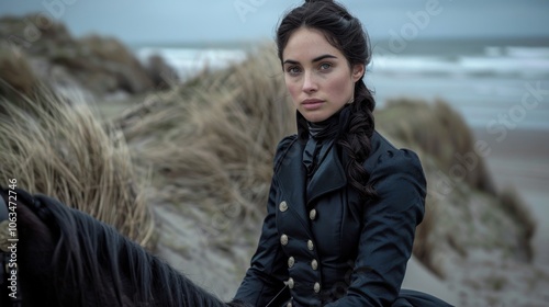 A woman in a dark coat sits gracefully on a stallion by the beach, gazing into the distance. The scene is serene with overcast skies.