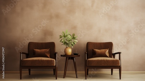 interior design concept  two armchair with brown upholstery coffee table with wooden surface on beige wall background 