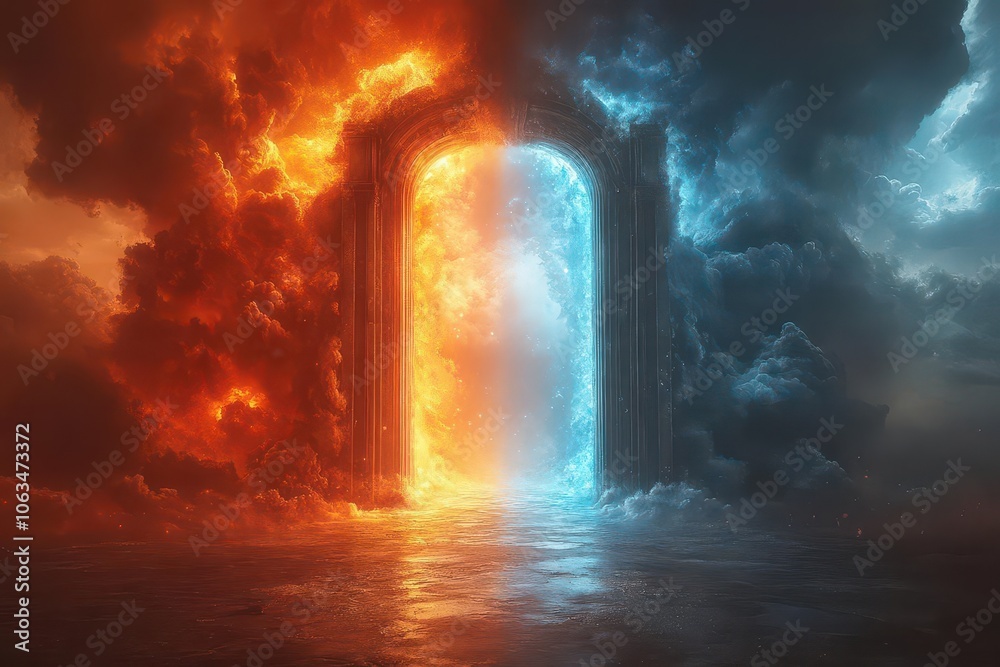 Obraz premium contrasting imagery of heaven and hell gates symbolizing the choices between good and evil light and darkness with ethereal and fiery elements making a powerful visual statement