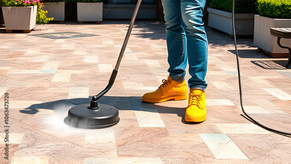 Fototapeta premium the process of cleaning the surface with a high-pressure washer. In the foreground, a nozzle is visible, from which water comes out under high pressure, cleaning the tiles on the floor.