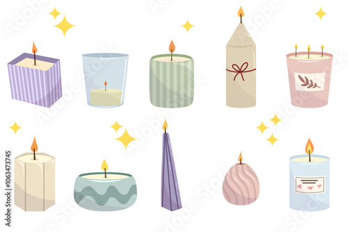 Candle illustration set with flame, cozy decor, perfect for wellness, relaxation, spa, meditation, holiday, warmth, spirituality, and celebration themes. Modern colors, vector isolated on white