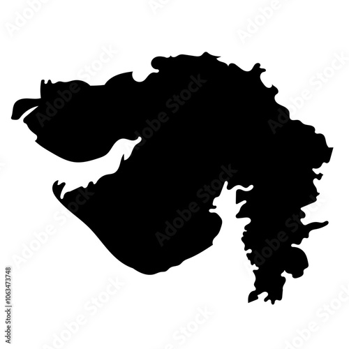 Hand drawn black map of Gujarat, Indian state. Silhouette, geography. Vector isolated on white background	
