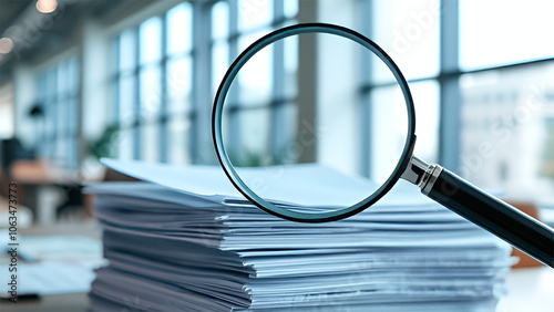 a stack of papers lying on a desk in an office setting. In the foreground is a magnifying glass that magnifies part of the stack of papers