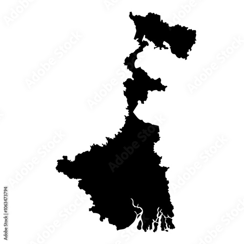 Hand drawn black map of West Bengal, Indian state. Silhouette, geography. Vector isolated on white background	