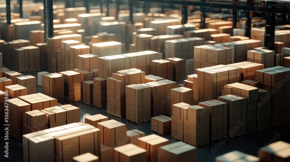 A large warehouse brimming with neatly stacked parcel boxes, showcasing the back end of online shopping A large warehouse brimming with neatly stacked parcel boxes, showcasing the back end of online shopping