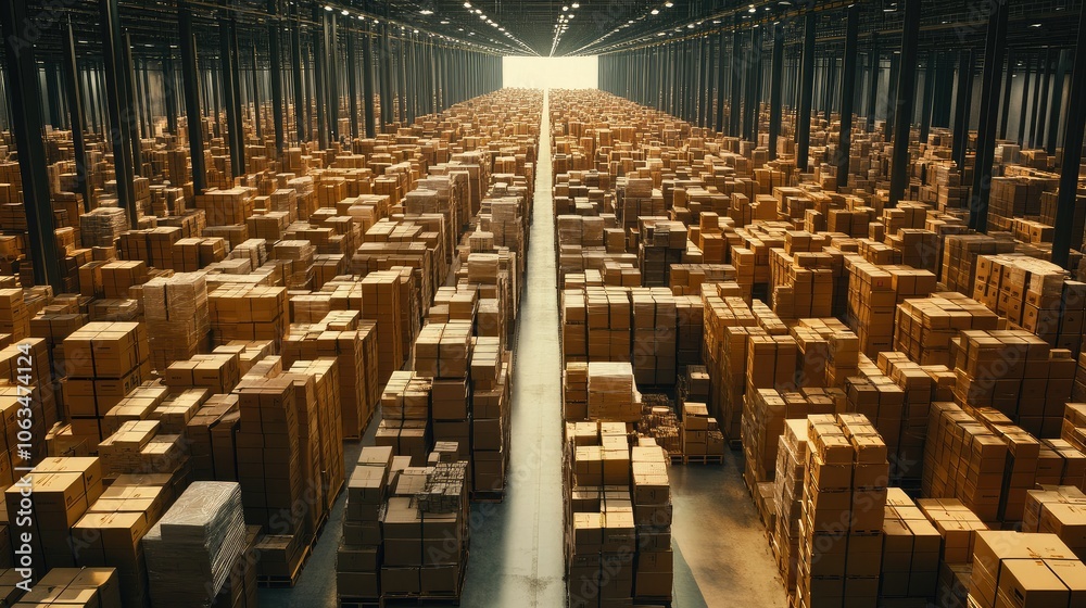 Fototapeta premium A spacious warehouse packed with stacked parcel boxes, representing the logistics of online shopping without any people