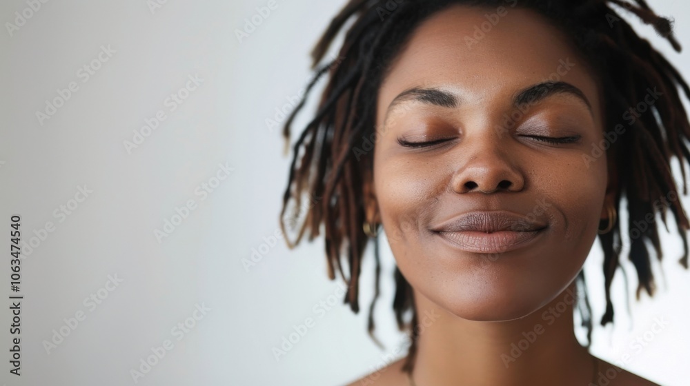A joyful woman with dreadlocks smiling with her eyes closed, emanating a sense of peace and contentment against a soft, neutral background. A joyful woman with dreadlocks smiling with her eyes closed, emanating a sense of peace and contentment against a soft, neutral background.