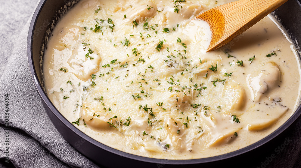 Creamy garlic and herb pasta sauce with thyme in skillet Creamy garlic and herb pasta sauce with thyme in skillet