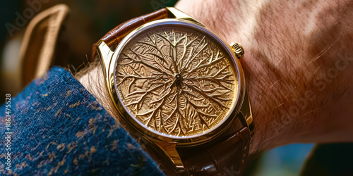 A man is wearing a gold watch with a tree design on it photo