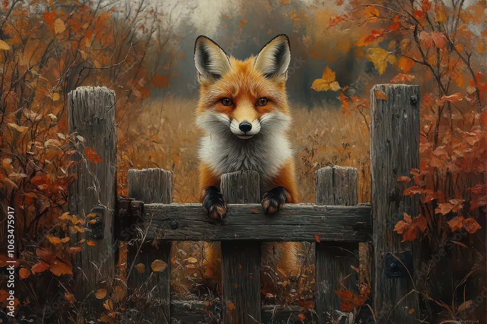 Fototapeta premium curious red fox sneaking through an old farm gate surrounded by vibrant autumn foliage and rustic wooden fences capturing the essence of wildlife in a serene rural landscape