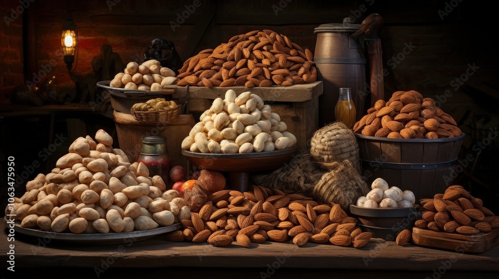 A rustic still life featuring an assortment of nuts and seeds, including almonds, cashews, and peanuts, arranged in various wooden bowls and containers, all set against a dark, aged background. A rustic still life featuring an assortment of nuts and seeds, including almonds, cashews, and peanuts, arranged in various wooden bowls and containers, all set against a dark, aged background.