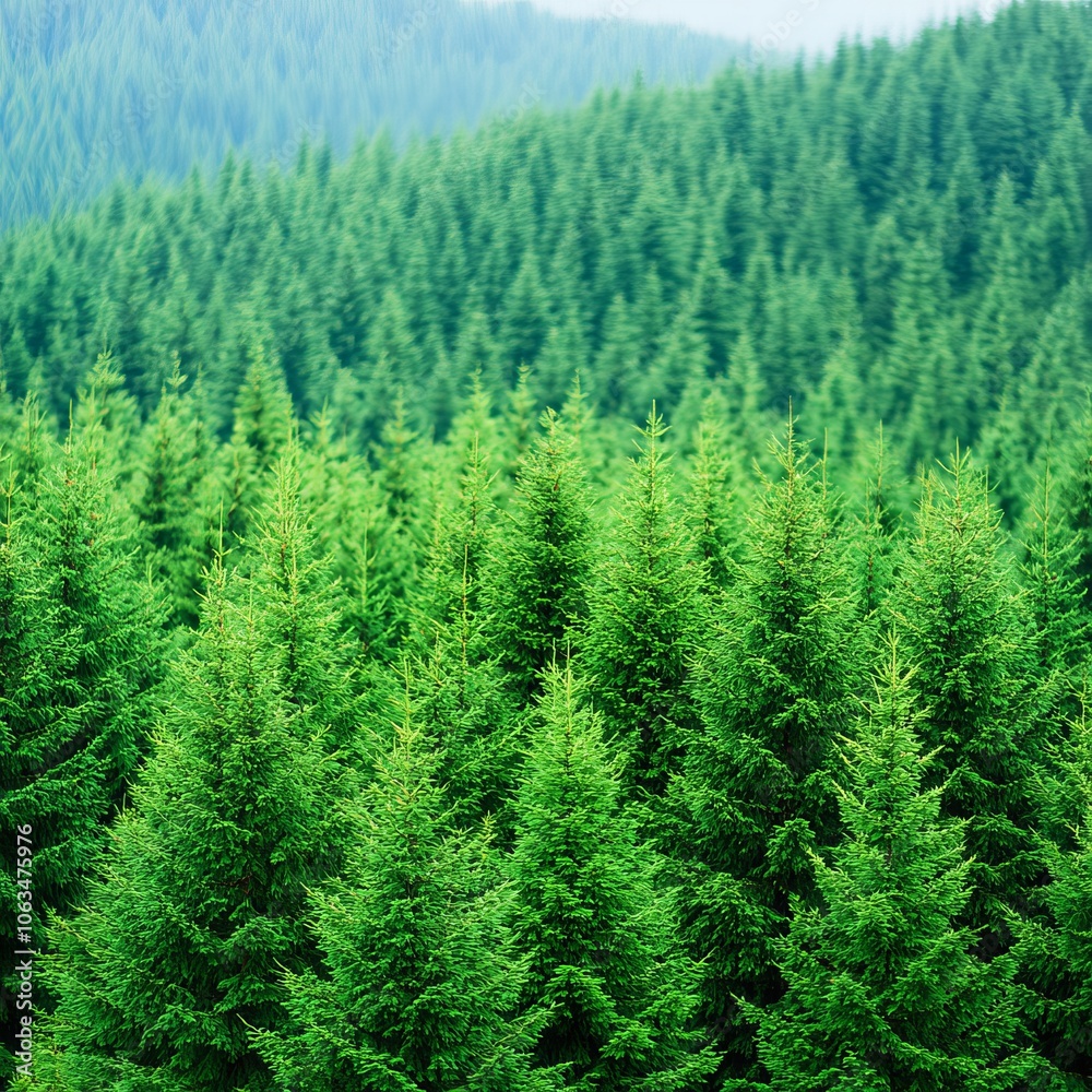 Fototapeta premium Lush green forest landscape with dense coniferous trees in the background.