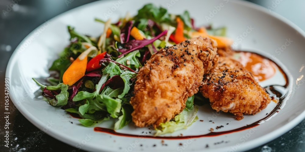 A homemade fried chicken fillet served alongside a vibrant mixed green salad, drizzled with dressing, all beautifully arranged on a clean white plate. A homemade fried chicken fillet served alongside a vibrant mixed green salad, drizzled with dressing, all beautifully arranged on a clean white plate.