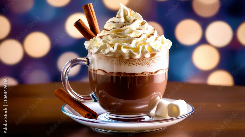 A cup of hot chocolate with whipped cream and a cinnamon stick on top A cup of hot chocolate with whipped cream and a cinnamon stick on top