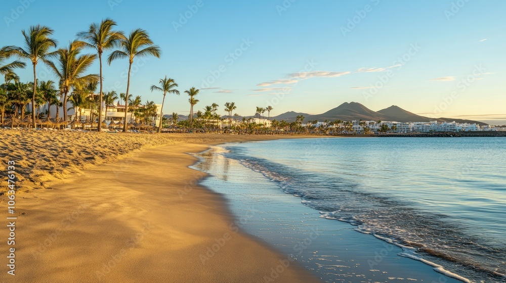Obraz premium Serene Beach at Sunset with Lush Palm Trees
