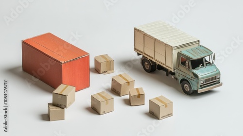 Wallpaper Mural Model of a delivery truck beside small cardboard boxes, arranged on a bright white background, emphasizing goods delivery Torontodigital.ca
