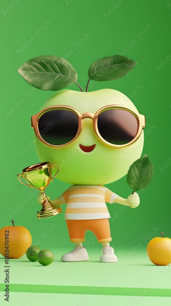 Fototapeta premium cute chibbi 3d blender apple character wearing gangster meme sunglasses holding a champion trophy 