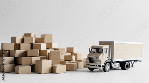 Model of a delivery truck parked next to a pile of cardboard boxes on a white background, symbolizing goods distribution