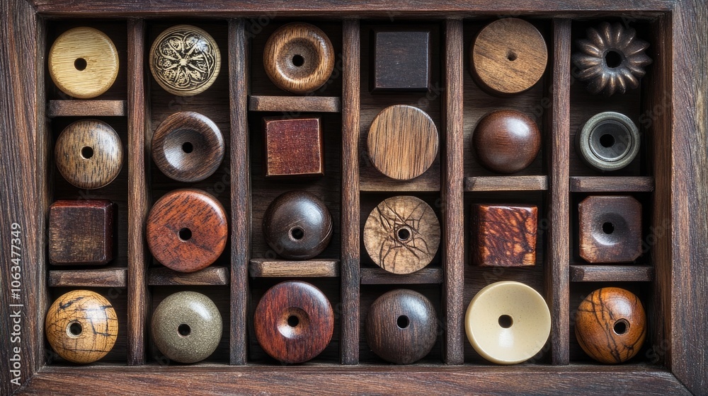 Fototapeta premium Wood furniture knobs arranged artistically in a rustic wooden box, creating a charming display of wood furniture knobs with ample copy space for design elements.
