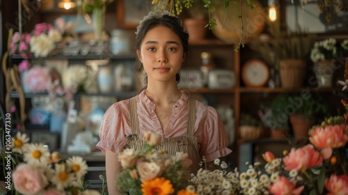 A female florist stands amidst a vibrant array of flowers, skillfully arranging blooms in a cozy, warmly lit shop.