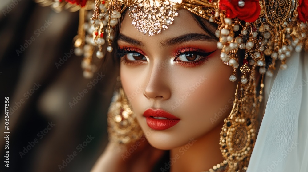 Beautiful female asian model with traditional bridal makeup regional customs background wallpaper AI generated image Beautiful female asian model with traditional bridal makeup regional customs background wallpaper AI generated image