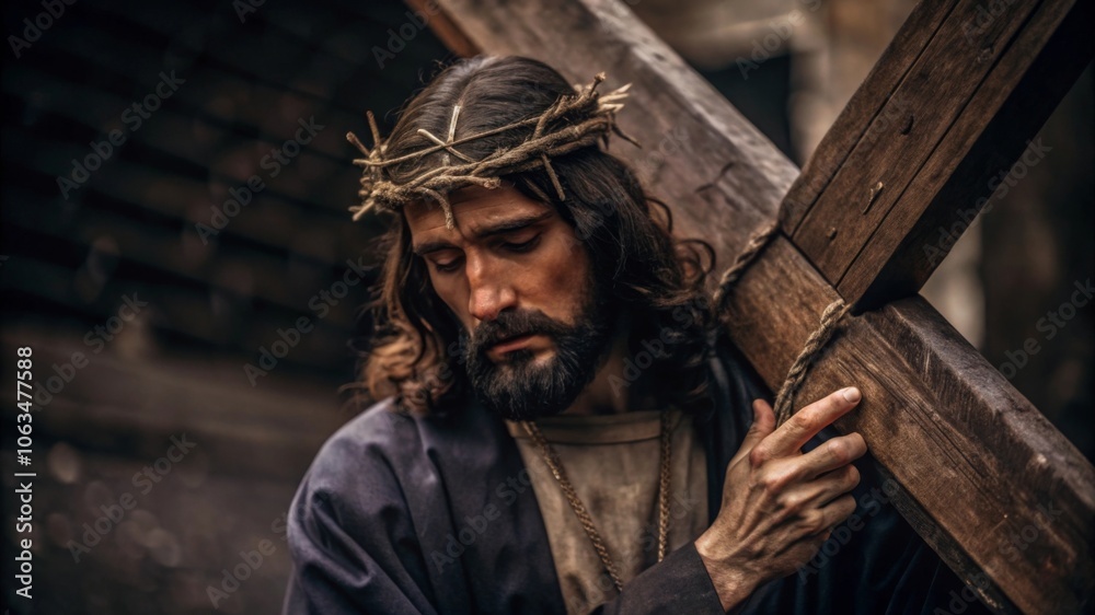 Jesus Carrying the Cross A sorrowful yet determined Jesus carrying a heavy wooden cross on his shoulders, walking along the path toward Golgotha. Jesus Carrying the Cross A sorrowful yet determined Jesus carrying a heavy wooden cross on his shoulders, walking along the path toward Golgotha.
